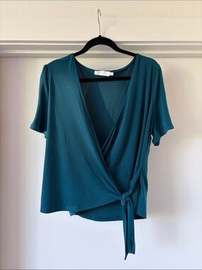 All in Favor Teal Wrap Tie Short Sleeve Blouse